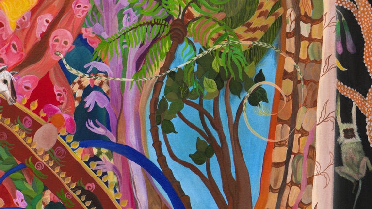 A multi-coloured artwork with motifs from the natural world